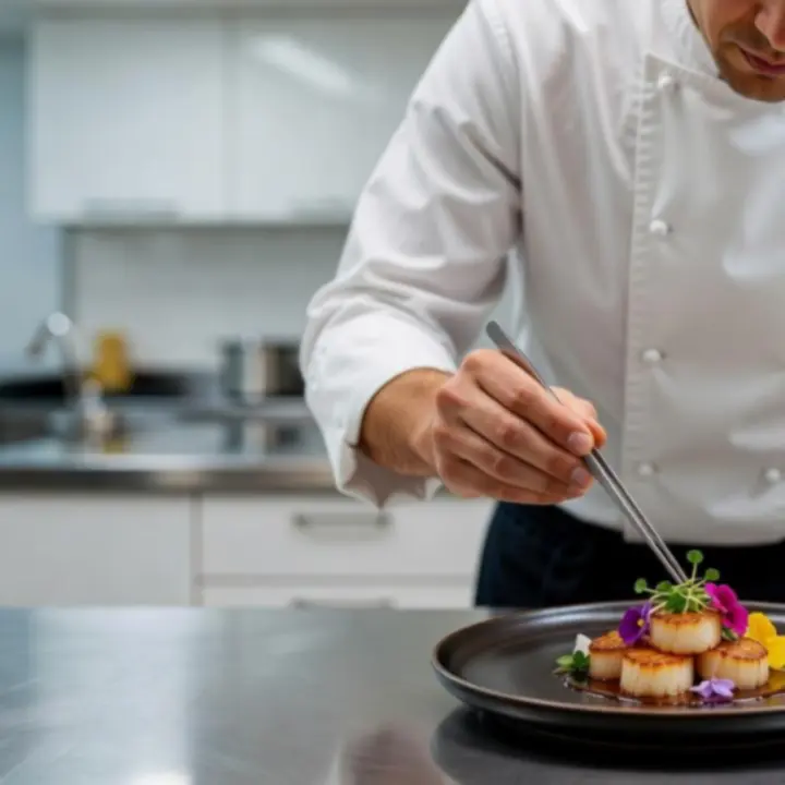 Chef carefully plating a refined dish with precise, artistic movements in the kitchen.