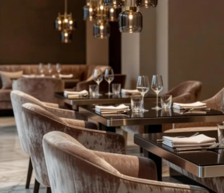 Warm ivory lounge interior with plush seating and custom lighting.