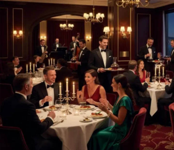 Cinematic evening event setting with fine dining and live entertainment