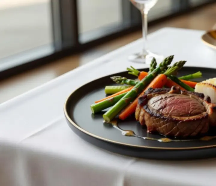 Plated main course at Raise And Dine with refined contemporary presentation
