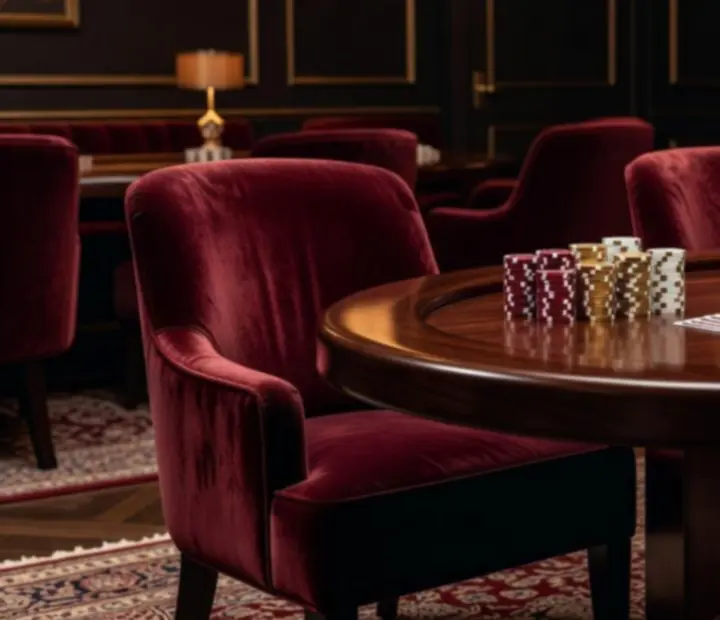 Close-up of a luxury poker table with velvet seating and rich timber detailing at Raise And Dine
