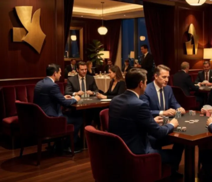 Elegant poker lounge at Raise And Dine with guests enjoying an evening of cards and cocktails
