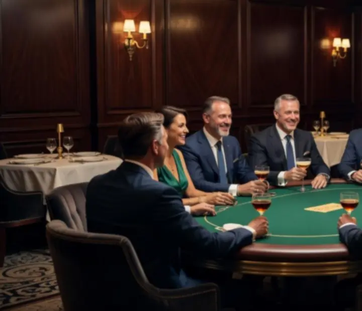 Sophisticated poker lounge with guests enjoying cocktails and table service