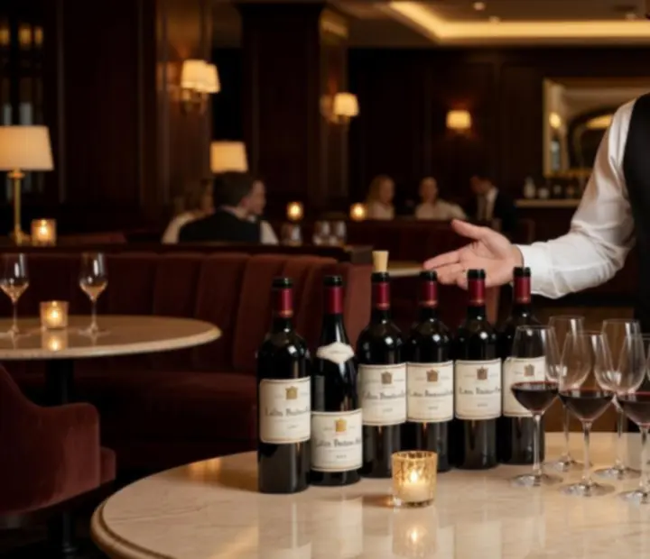 Sommelier presenting curated wine glasses on a polished bar under warm lighting.