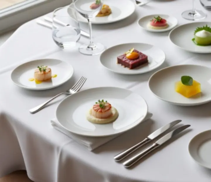Multi-course tasting menu displayed on a refined table setting in a softly lit dining room.